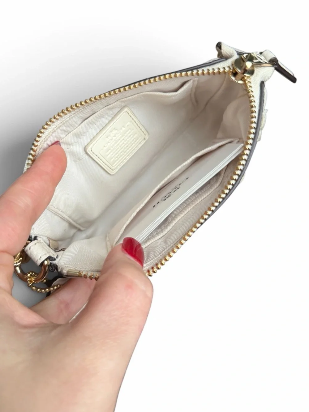 Coach Cream Floral Studded Mini Wristlet with Gold Chain
